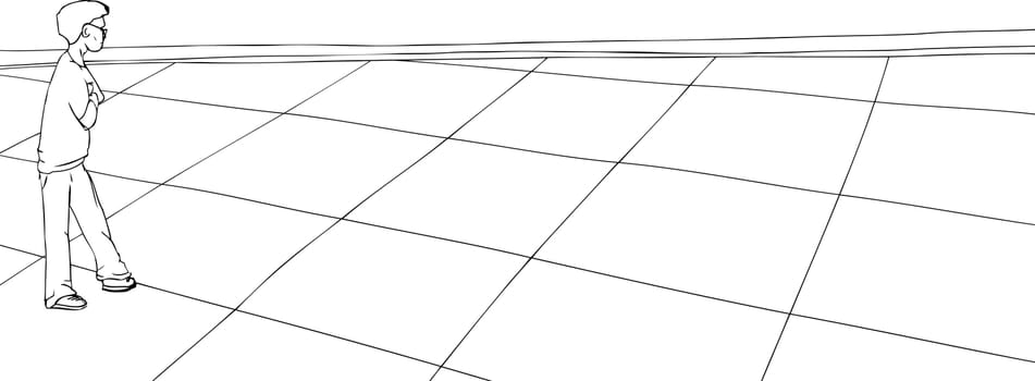 Outline of single person looking over checkered floor