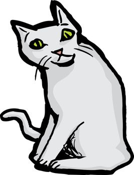 Freehand cartoon of single cat sitting over white background