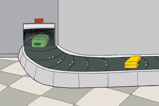 Cartoon scene of two suitcases in baggage claim area