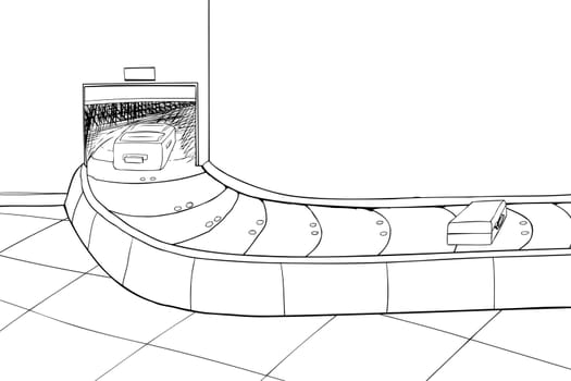 Outlined scene of two suitcases in baggage claim area
