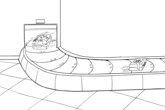 Outline illustration of two damaged suitcases in baggage claim scene