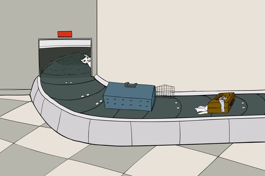 Illustration of escaped cat in baggage claim area
