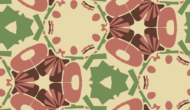 Repeating abstract maroon and green shapes in background pattern