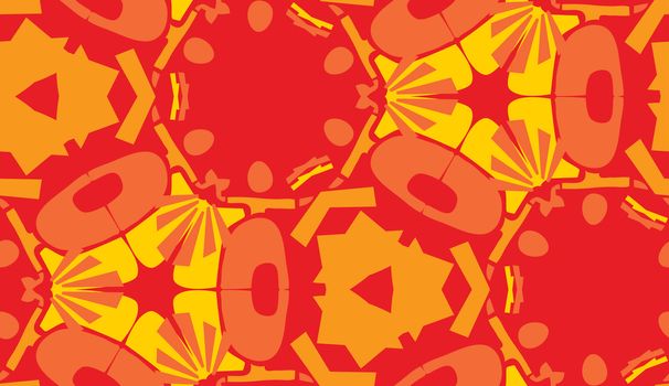 Repeating abstract yellow and red shapes in repeating background pattern
