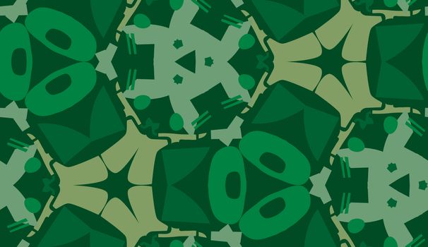 Repeating green shapes in repeating wallpaper pattern