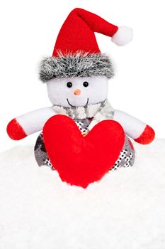 New Year 2016. Merry Christmas. Happy Snowman in Santa hat smiling on snow. Party decoration. Cheerful fun winter holiday isolated on white.Snowman with red handmade heart, love concept,Valentines day