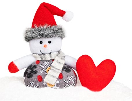 New Year 2016. Merry Christmas. Happy Snowman in Santa hat smiling on snow. Party decoration. Cheerful fun winter holiday isolated on white.Snowman with red handmade heart, love concept,Valentines day