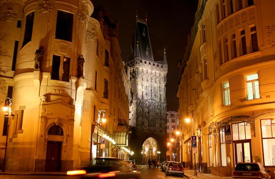 Powder tower in the city of Prague in evening lighting