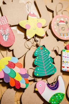 Cardboard toys for the Christmas tree or Christmas garland. Christmas decorations. Selective Focus