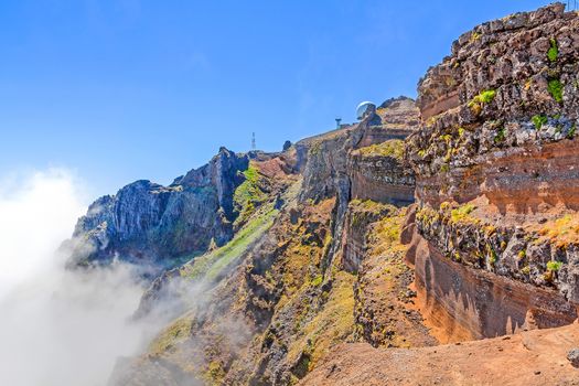 Pico do Arieiro, the 3rd highest mountain of Madeira, Portugal with impressive radar station globe.