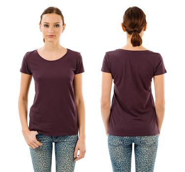 Photo of a young beautiful woman with blank dark purple shirt, front and back views. Ready for your design or artwork.