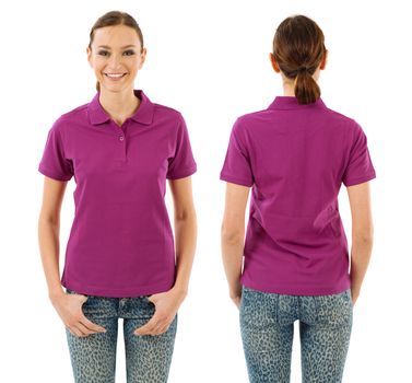 Photo of a young beautiful woman with blank purple polo shirt, front and back views. Ready for your design or artwork.