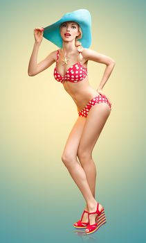 Beautiful woman in red polka dots fashionable swimsuit. PinUp playful sexy girl surprised looks, blue hat. Beach body, slim female figure, people, copyspace. Summer holiday, sea vacation 