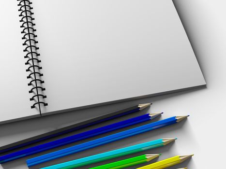 notebook with colored pencils on White background, stationary object