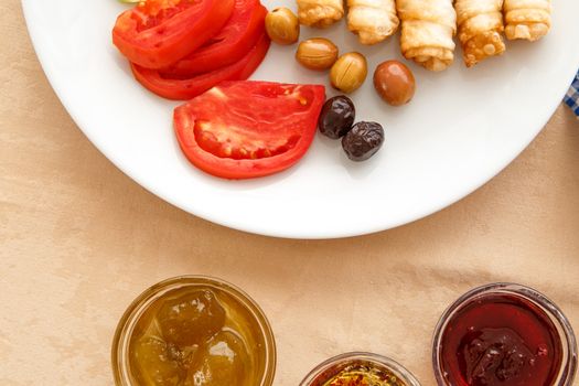 Rich and delicious jam and honey in Turkish breakfast.