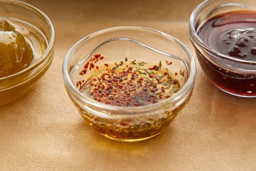 Rich and delicious jam and honey in Turkish breakfast.