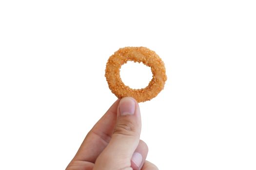 Close up detailed front view of a fried onion ring, holding on hand, isolated on white background.