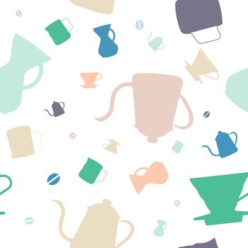 Multi color silhouette flat design icons, Pour over drip coffee makers, goose neck kettles, chemex, coffee beans, and pitcher are illustrated randomly to be seamless graphic pattern.