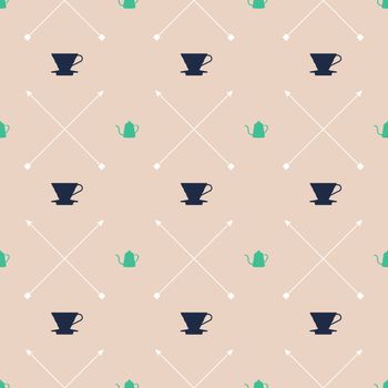 Color flat design icons, Pour over drip coffee makers, goose neck kettles, and crossed arrows are illustrated to be seamless graphic pattern.
