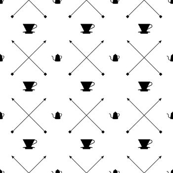 Black and white flat design icons, Pour over drip coffee makers, goose neck kettles, and crossed arrows are illustrated to be seamless graphic pattern.