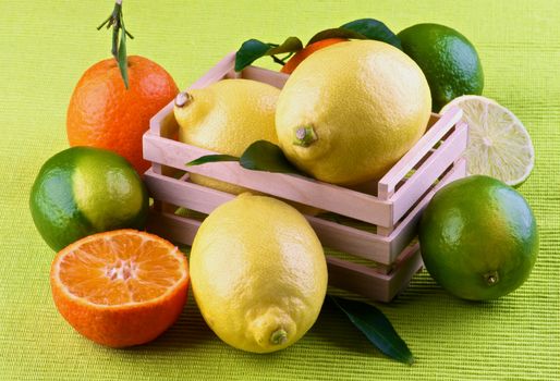 Heap of Various Citrus Fruits with Ripe Lemons, Oranges, Tangerines and Limes Full Body and Halves in Wooden Box closeup on Green Napkin background