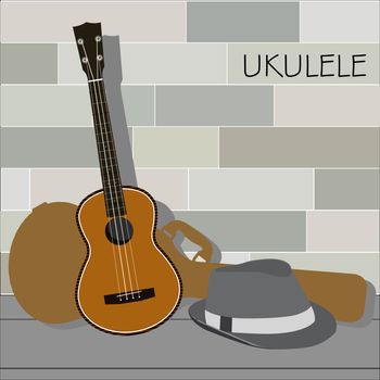 Ukulele and Panama Hat on Various Color Tiles Background