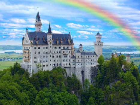 Rainbow over castle Neuschwanstein in Bavarian Alps