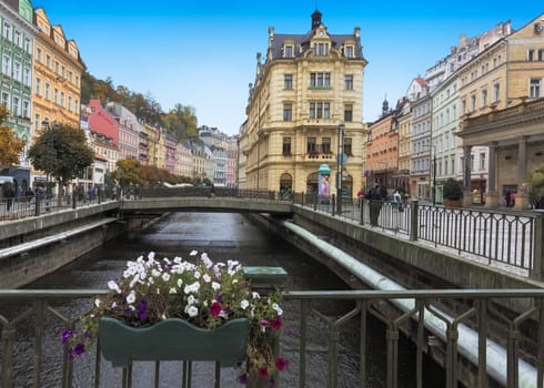 CARLSBAD, CZECH REPUBLIC, OCTOBER 10, 2015  - Historic city center with river of the  spa town Karlovy Vary (Carlsbad)