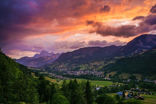 Demi-Quartier France at Sunset. Demi-Quartier Commune in the Haute-Savoie Department in the Rhône-Alpes Region in South-Eastern France, Europe.