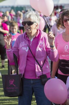 TUCSON, PIMA COUNTY, ARIZONA, USA - OCTOBER 18:  Unidentified mature woman in the crowd prior to the 2015 American Cancer Society Making Strides Against Breast Cancer walk, on October 18, 2015 in Tucson, Arizona, USA.