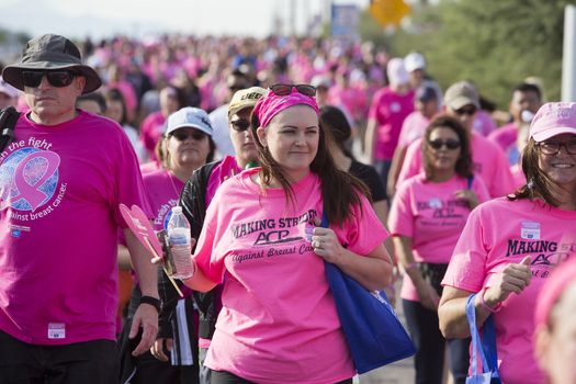 TUCSON, PIMA COUNTY, ARIZONA, USA - OCTOBER 18:  Unidentified people in crowd walking during the 2015 American Cancer Society Making Strides Against Breast Cancer walk, on October 18, 2015 in Tucson, Arizona, USA.