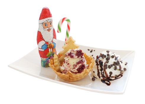 Ice cream in wafer cone / bowl with christmas decoration