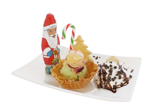 Ice cream in wafer cone / bowl with christmas decoration