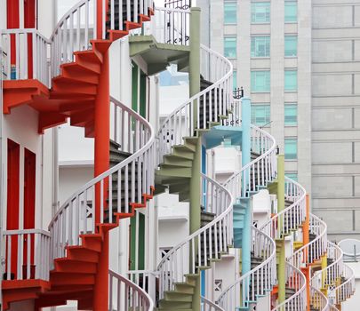 Colorful emergency stairs fire escape outside building