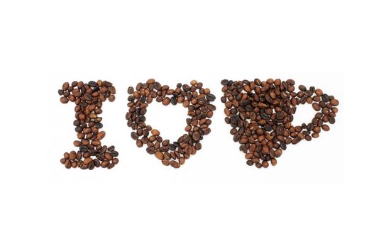 Roasted coffee beans in shape of alphabets, i love coffee