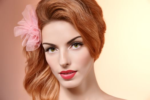 Beauty portrait nude woman smiling, eyelashes, perfect skin, natural makeup, fashion. Sensual attractive redhead sexy model girl with bow on pink, shiny straight hair.People face closeup,spa,copyspace