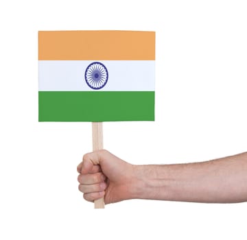 Hand holding small card, isolated on white - Flag of India