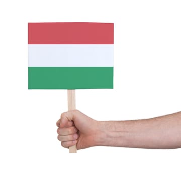 Hand holding small card, isolated on white - Flag of Hungary