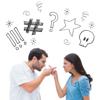 Angry couple pointing at each other against swearing doodles