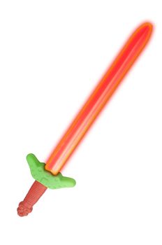 Red plastic toy sword with growing light isolated on a white background