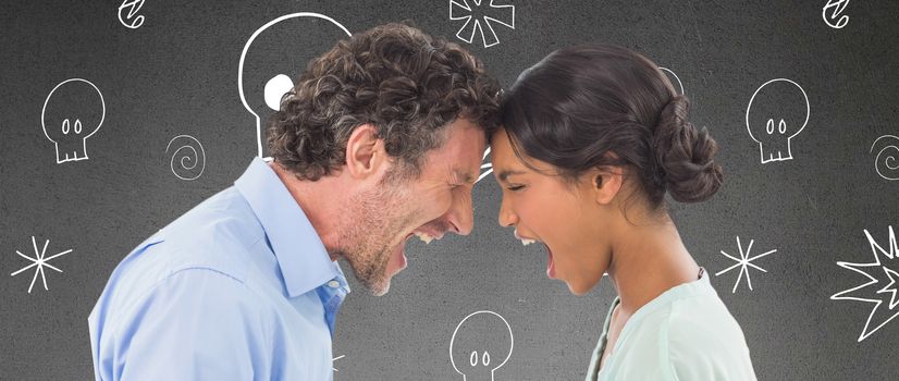 Angry business people shouting at each other over white background against grey room