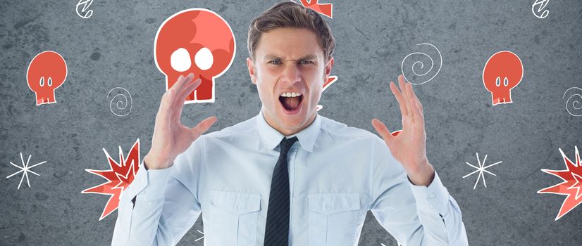 Angry businessman shouting against dirty old wall background