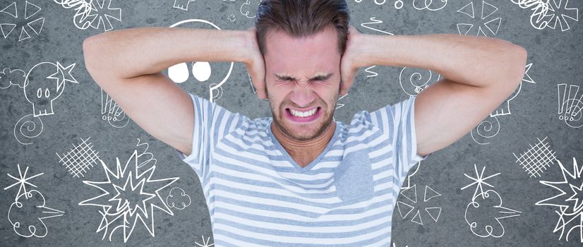 Handsome casual man screaming with hand on ears  against dirty old wall background