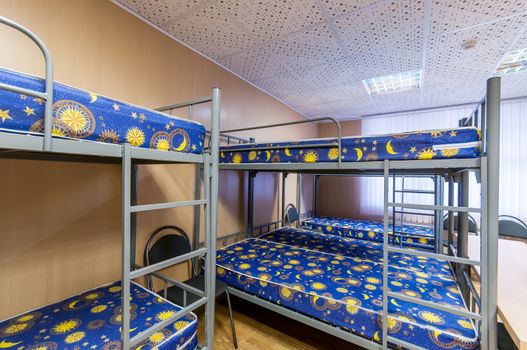 bunk metal beds in clean hostel room