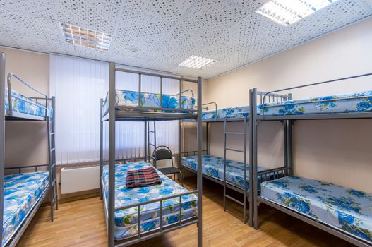 bunk metal beds in clean hostel room