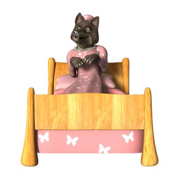 3D digital render of a fairytale wolf in a night dress laying in a bed isolated on white background