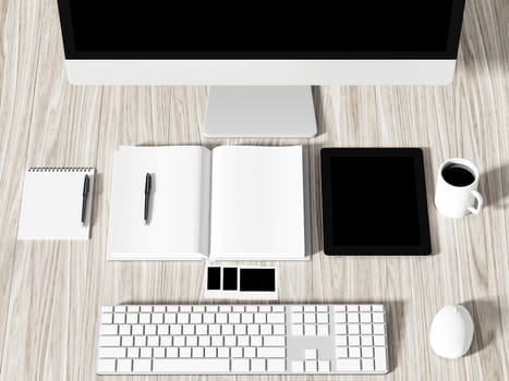 High angle view of a setting table of business workplace, shot in office, home work space