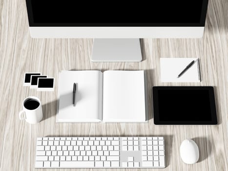 High angle view of a setting table of business workplace, shot in office, home work space