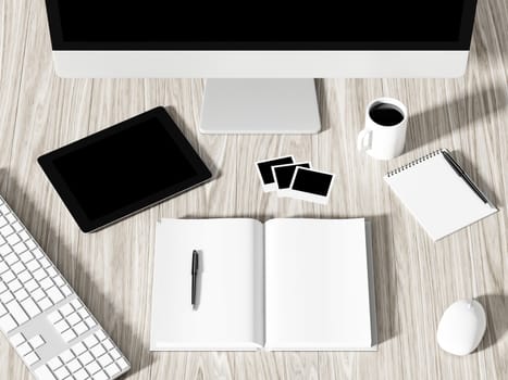 High angle view of a setting table of business workplace, shot in office, home work space