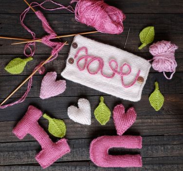 Amazing valentine background in pink colour, symbol of heart, i love you message, rose flower, all gift make handmade, knit from yarn, Valentines day on feb 14 is romantic day for love